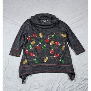 Onque Casual Christmas Lights‎ Sequin Cowl Neck Sharkbite Tunic Gray PM Womens